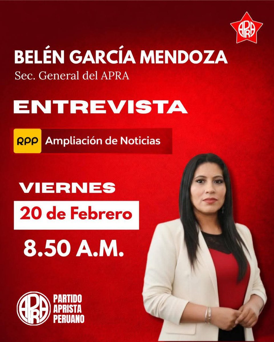 En breves momentos estaré en una entrevista en RPP ampliación de noticias a las 8:50 A.M. 
¡Estén conectados!
Belén García Mendoza 
Secretaria General Nacional Institucional del Partido Aprista Peruano