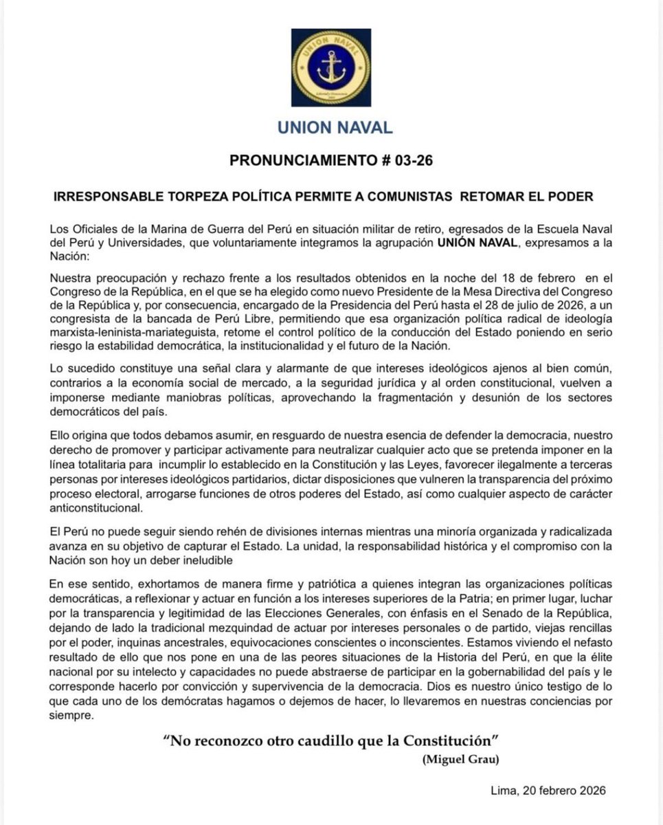 Irresponsable torpeza permite a comunistas retomar el poder, dice la Unión Naval