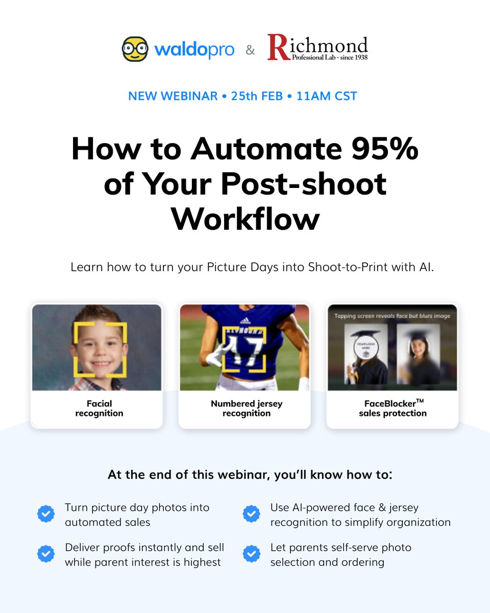 Join us on the 25th at 11AM CST!
School Photographers of America is hosting a webinar with <a href="/RichmondProLab/">Richmond Pro Lab</a> and Waldo Photos to show you how to automate 95% of your post-shoot workflow.

Use the link below to sign up!
us06web.zoom.us/webinar/regist…