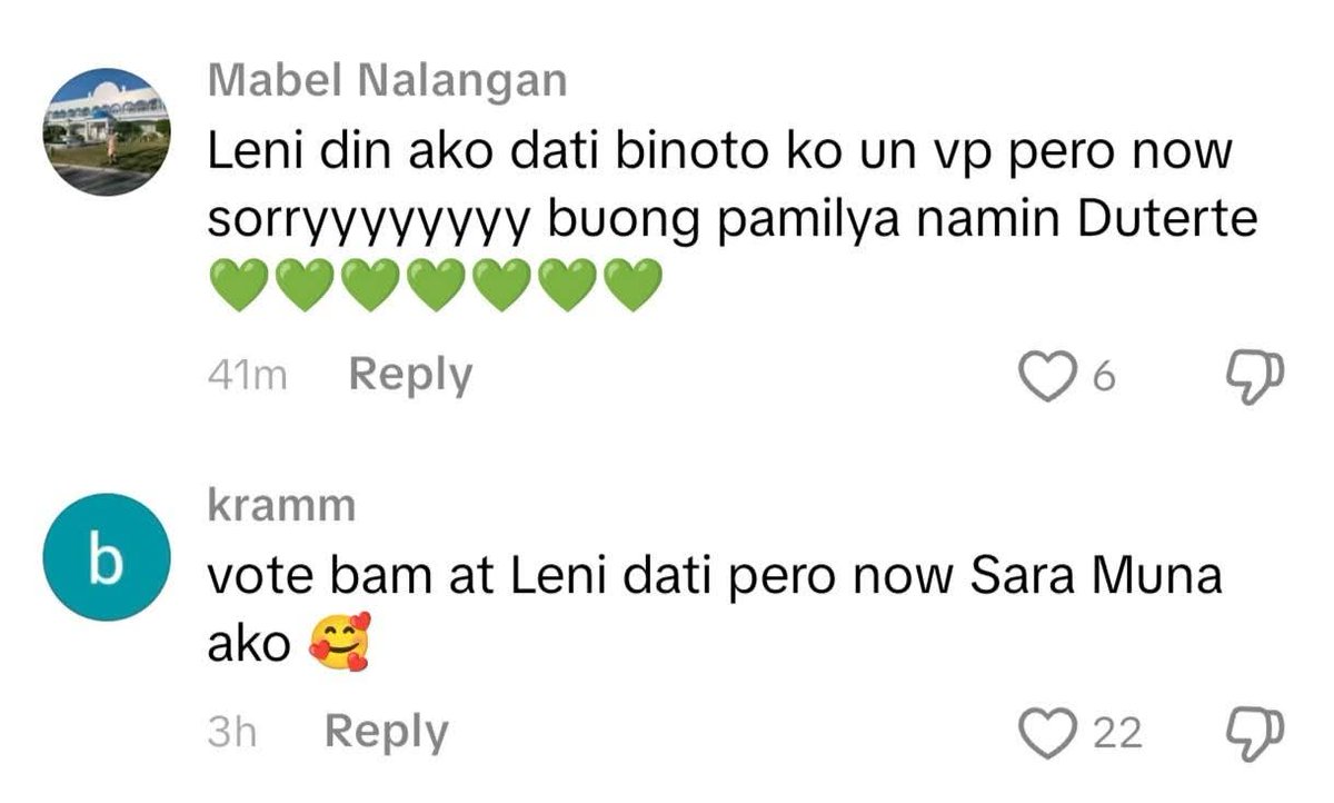 Kanindot magbasa ng comments sa tiktok. Mga supporters ni Madam Leni &amp; BBM.

Para sa Diyos at Bayan, this is a battle between the ordinary Filipino people versus 🐊 Tongressmen, Oligarchs &amp; Makaliwa versus VP INDAY SARA DUTERTE 2028.
💚👊🦅🇵🇭 

ccto 📸 

Ready Below 👇