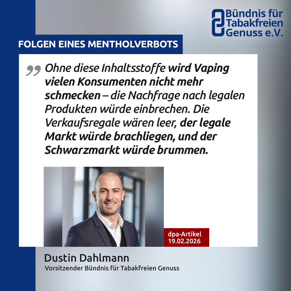 dpa-Artikel: Branche warnt vor Verbot von Menthol &amp; Cooling Agents in E-Zigarettenliquids. Auch Wissenschaft kritisiert den Entwurf. Regulierung muss sich an Fakten orientieren – sonst profitiert nur der Schwarzmarkt. #HarmReduction  #vaping  tinyurl.com/4k69us53