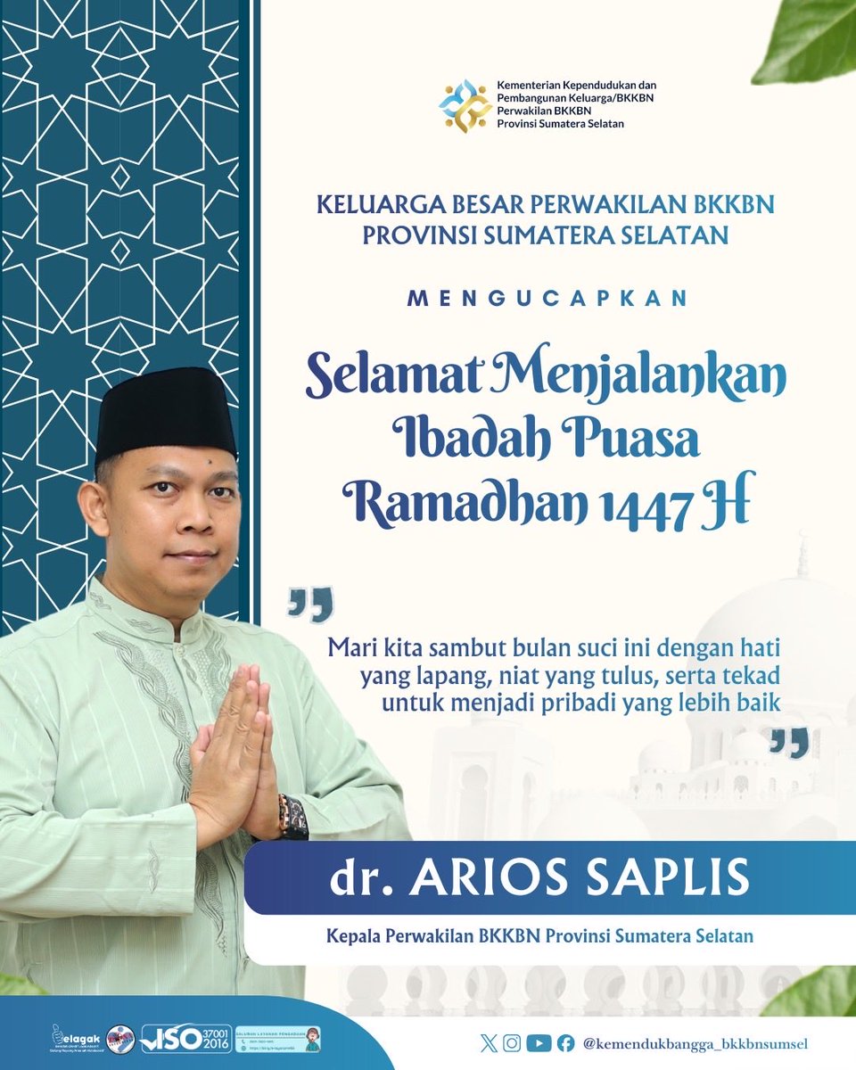 🌙 Marhaban Ya Ramadhan 1447 H
Segenap keluarga besar Perwakilan BKKBN Provinsi Sumatera Selatan mengucapkan selamat menunaikan ibadah puasa Ramadhan 1447 H 
Semoga Ramadhan kali ini menjadi momentum untuk memperkuat iman, sabar dan peduli dalam keluarga serta untuk semua
