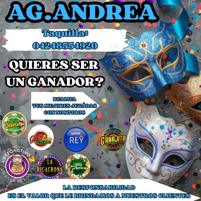 *💜AG ANDREA💜*

*💐LA MEJOR ATENCIÓN Y RESPONSABILIDAD QUE HAYAS TENIDO*

*🔊JUEGA DESDE LA COMODIDAD DE TU CASA O TRABAJO*

*💠 TAQUILLA ACTIVA*
*📲04248554920*

📲
chat.whatsapp.com/BIIYVXHIdbQL57…

💠💜💠💜💠💜💠