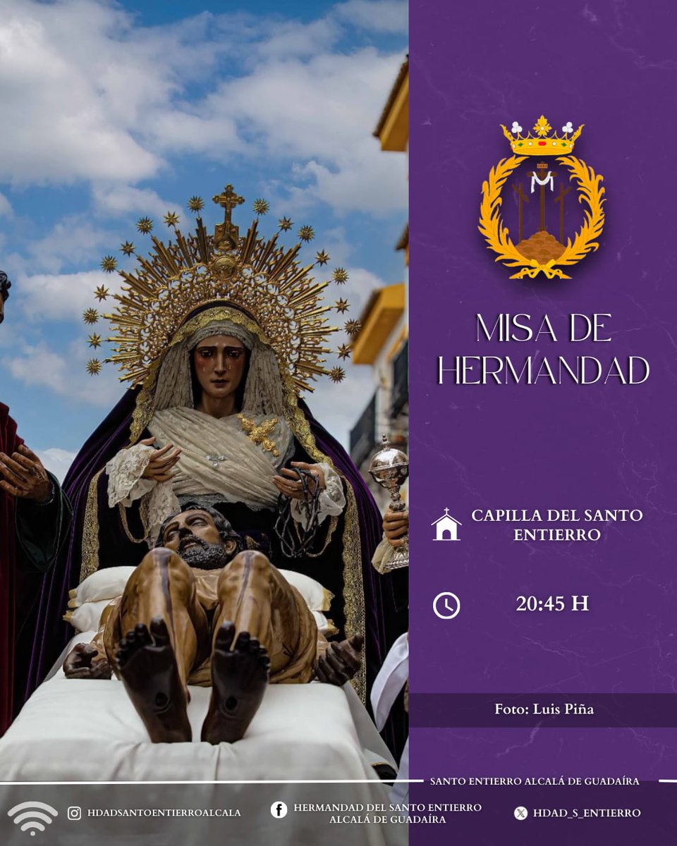 🟣𝗠𝗜𝗦𝗔 𝗗𝗘 𝗛𝗘𝗥𝗠𝗔𝗡𝗗𝗔𝗗
📌 Como todos los viernes celebramos Santa Misa ante nuestros Sagrados Titulares en nuestra capilla a las 20h45.
⛪ Capilla del Sto. Entierro
🕤 Santa Misa 20h45