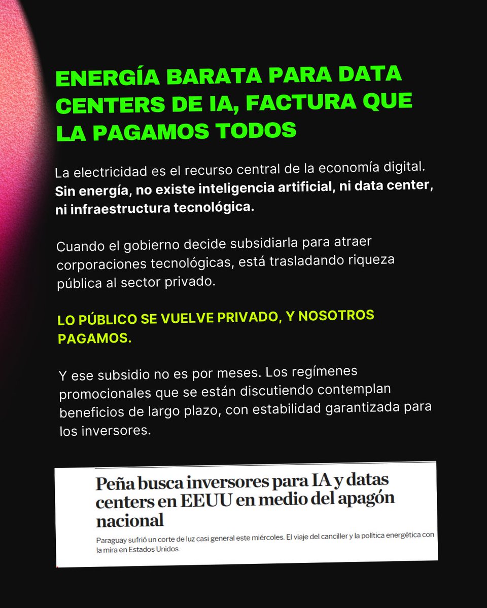 livmediapy's tweet photo. Primero fue la tierra, luego la producción agrícola. Hoy es la energía. El extractivismo no desapareció: cambió de forma. Paraguay sigue entregando sus recursos estratégicos —ahora para sostener data centers y corporaciones de IA— mientras el beneficio real se concentra afuera. https://t.co/R4mKoqGWpE