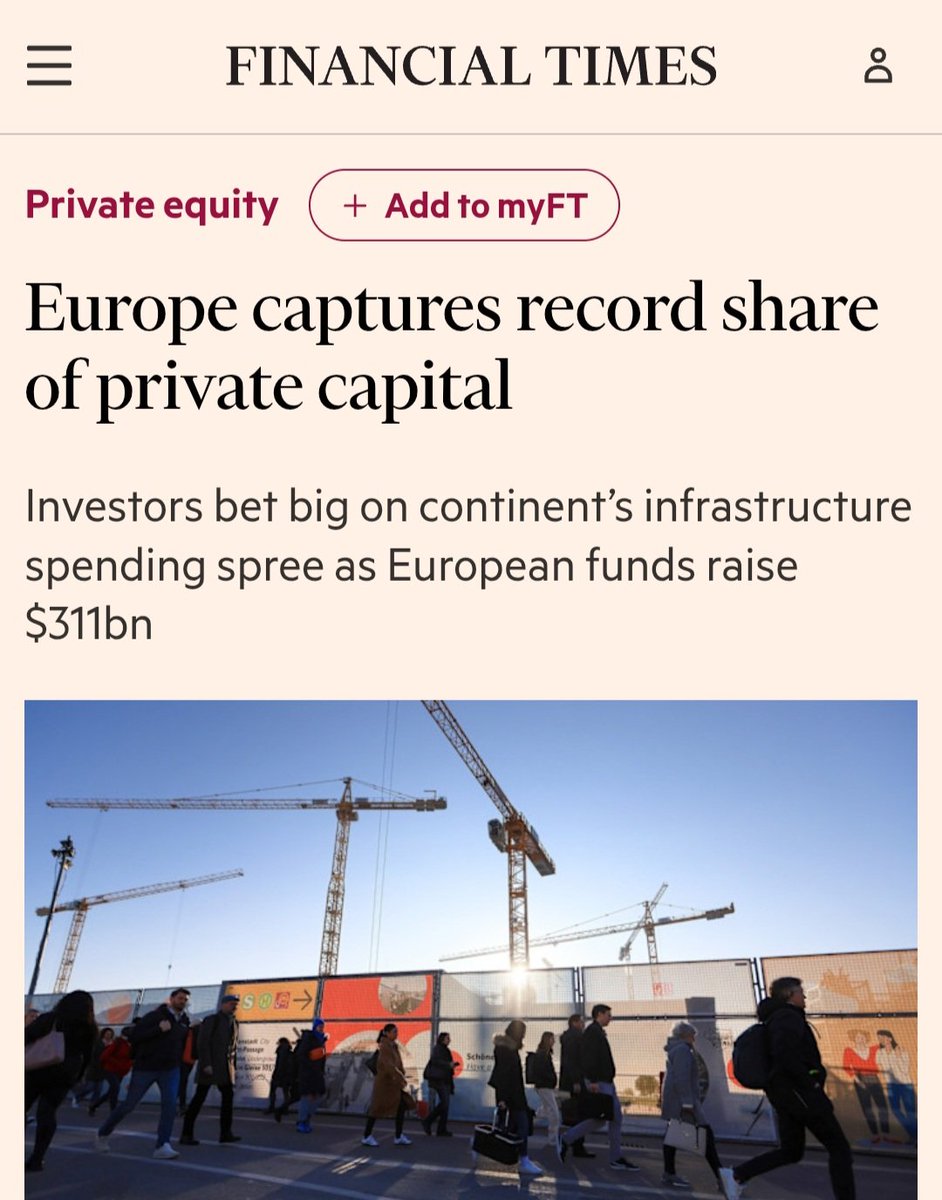 FT: Europe captured a record 34% share of global private capital in 2025, raising $311bn in just nine months. Investors invest in infrastructure as distrust in AI is growing.

All this money is shifting to Europe from North America due to Trump's stupid policies and tariffs.
