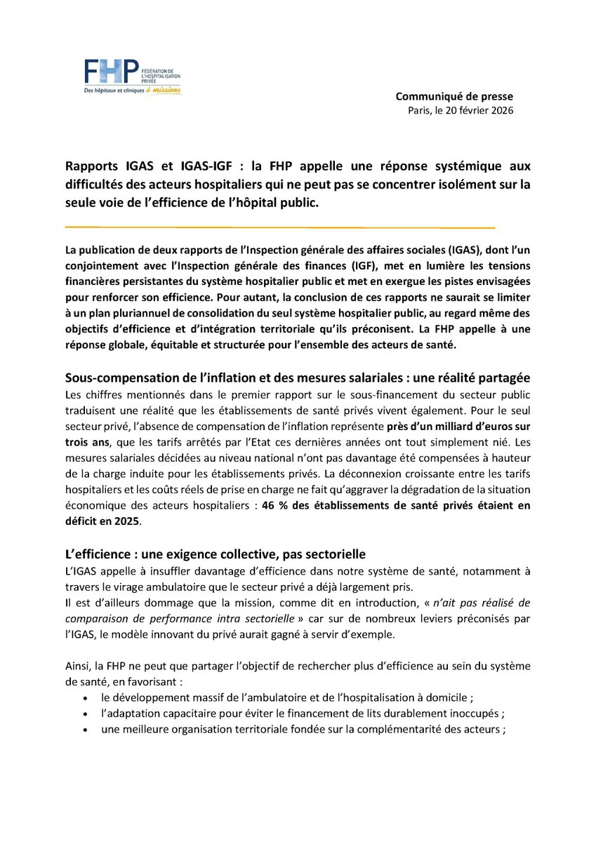 La_FHP's tweet photo. 📢 Rapports IGAS & IGAS-IGF : l’efficience ne peut être sectorielle.

La réponse aux tensions financières doit concerner tous les acteurs de santé.
➡️ 46 % des établissements privés en déficit en 2025
➡️ 1 Md€ de sous-compensation en 3 ans
Pour une trajectoire globale et équitable.