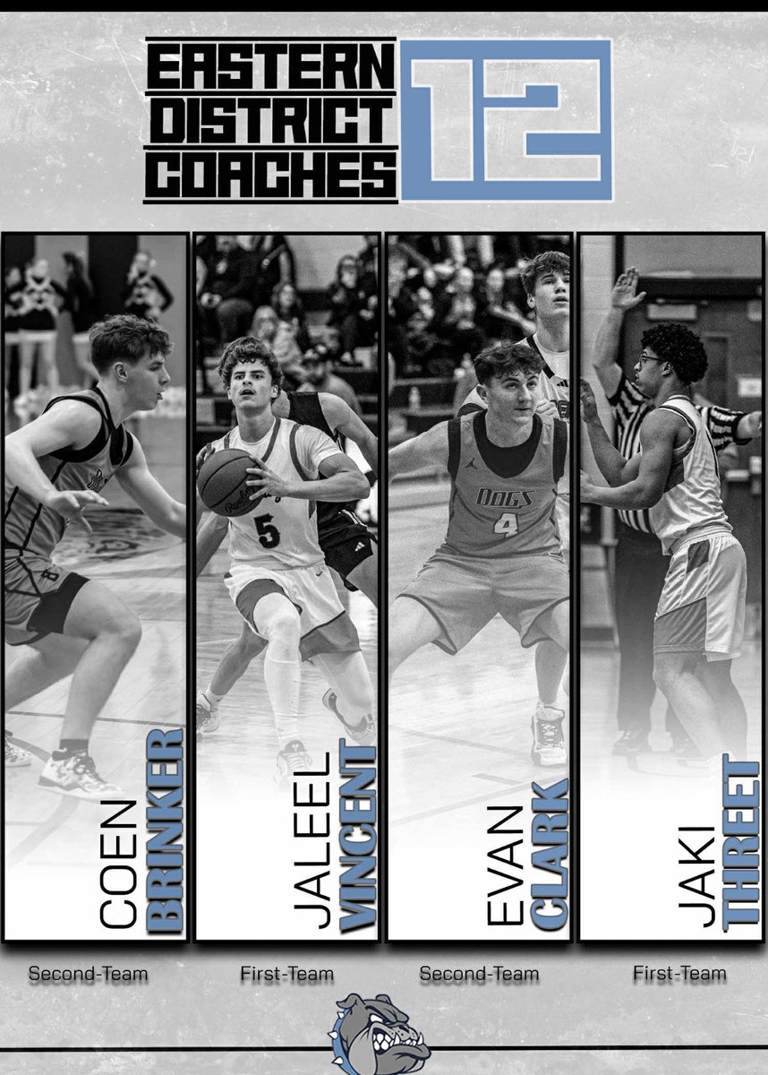 BPTBBALL's tweet photo. Eastern District 12 Coaches Association awards 

1st team: Jaleel Vincent, Jaki Threet 
2nd team: Coen Brinker, Evan Clark 

East/West all-star game Jaki Threet 

#GoDogs https://t.co/dkmbnG7hmr