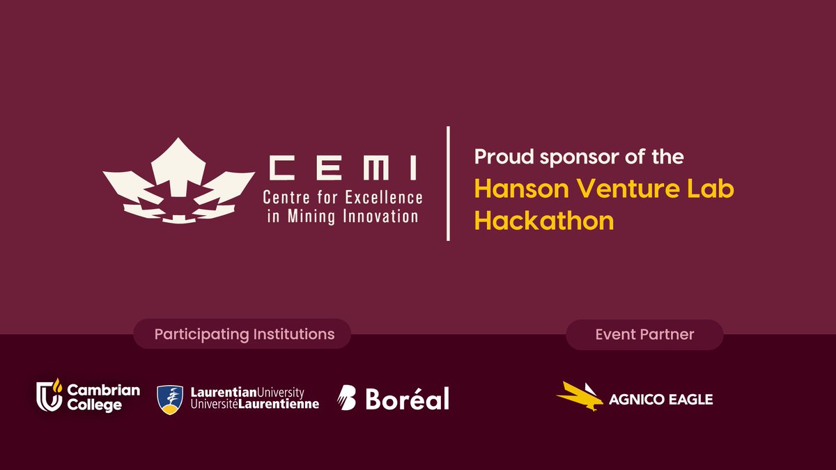CambrianRD's tweet photo. ✨ We would like to extend our sincere appreciation to CEMI | Centre for Excellence in Mining Innovation for their generous sponsorship of the Hanson Venture Lab Hackathon. Their support plays a vital role in making this event possible and in empowering students to collaborate, innovate, and develop impactful solutions to real-world challenges 🚀 

We are truly grateful for CEMI’s commitment to fostering innovation and supporting emerging talent! 🤝 

Thank you for being an integral part of this event and for helping drive innovation forward! 

 #ThankYou #StudentInnovation #StudentHackathon