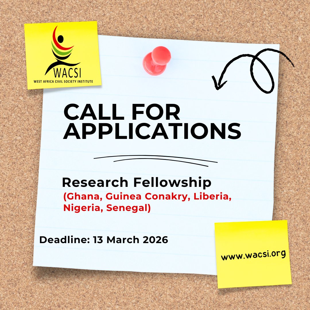 Applications open: 2026 WACSI Research Fellowship (May–Oct). Young researchers in Ghana, Guinea, Liberia, Nigeria &amp; Senegal can build research skills and document indigenous knowledge shaping development in West Africa.
Deadline: 13 March 2026
More info: wacsi.org/wacsi-research…