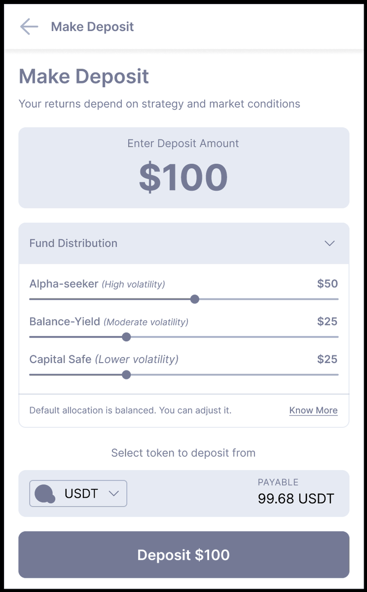 We said we were building an Autonomous AI Agent to solve Impermanent Loss.

Here is what it looks like in your hand.

Design Philosophy:
Backend = Complex Patent-Pending AI Math (TFT + PPO).
Frontend = Simple, One-Touch Execution.

The Workflow:
1️⃣ Deposit: Single-sided input (No