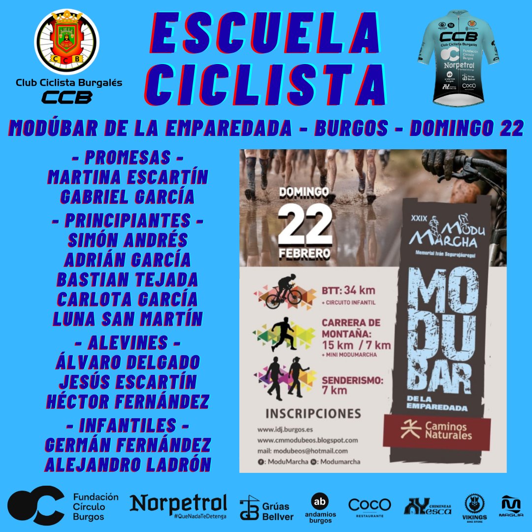CCBurgales's tweet photo. 👧🏽🚵🏽♂️🚵🏼♀️👦🏽 #EscuelaCCB | Fin de semana de lo más ajetreado
Sábado viaje a #Bembibre a por la 2ª de la #CopaCyLEscuelasBTT
Domingo amplía participación de nuestro club en la #ModuMarcha en la prueba BTT infantil
Los 'pistards' vuelven a Tafalla
Suerte para tod@s‼️📣 1, 2, 3... ¡CCB! https://t.co/ei6lfi1eQQ