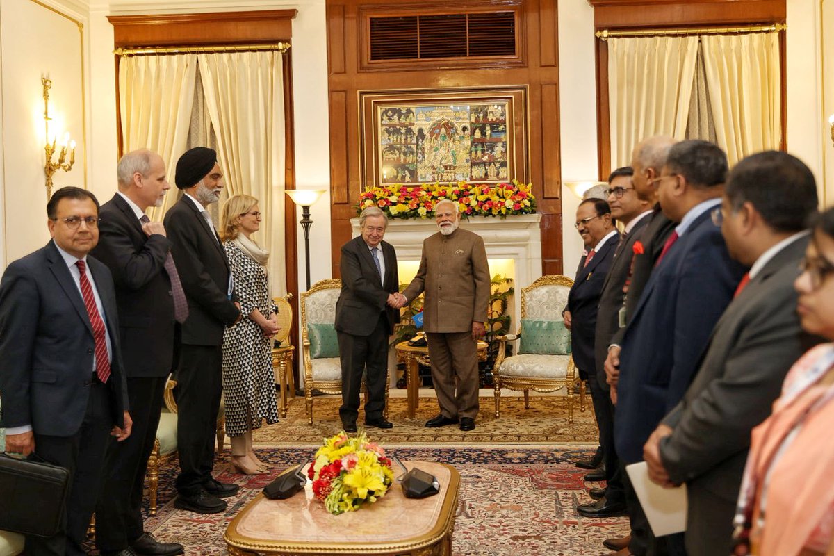 UNinIndia's tweet photo. UN Secretary-General @antonioguterres &amp; PM @narendramodi exchanged views on international developments &amp; the reform of multilateralism. UNSG congratulated the PM on the organization of the #AIImpactSummit &amp; expressed his deep appreciation for India’s cooperation with the @UN. https://t.co/PcGvN6cNoY
