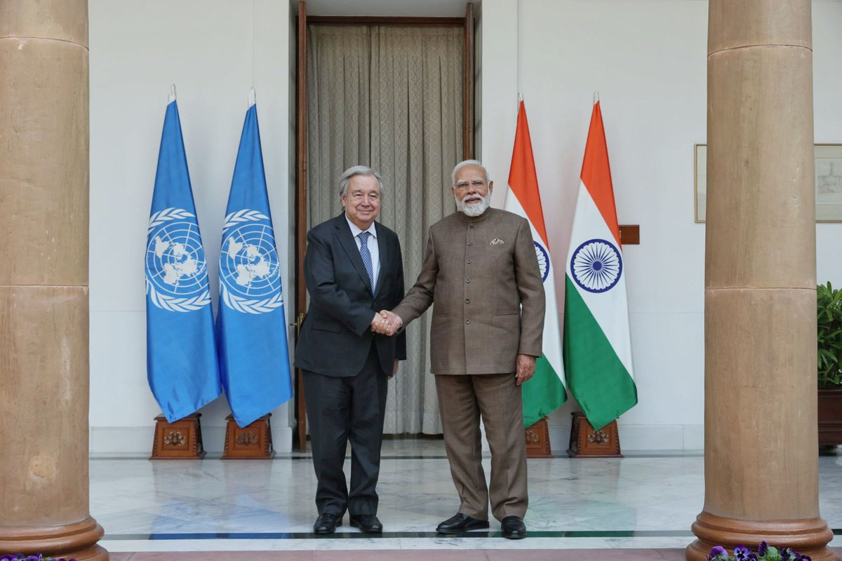 UNinIndia's tweet photo. UN Secretary-General @antonioguterres &amp; PM @narendramodi exchanged views on international developments &amp; the reform of multilateralism. UNSG congratulated the PM on the organization of the #AIImpactSummit &amp; expressed his deep appreciation for India’s cooperation with the @UN. https://t.co/PcGvN6cNoY