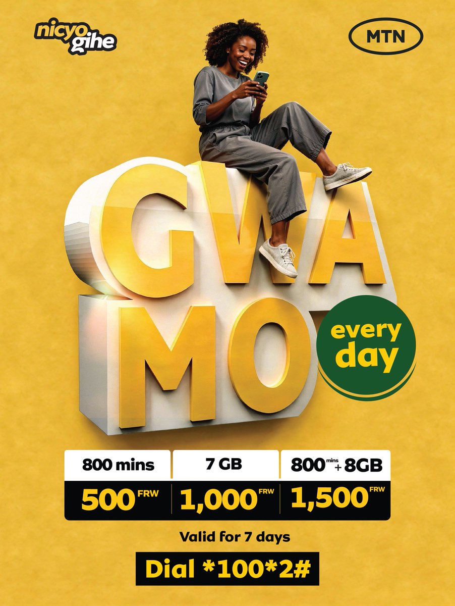 Why choose one day when you can Gwamon’ every day? 💛 Whether you’re in the mood for long calls, endless scrolling, or both, we’ve got you covered with 800 mins for 500 FRW
7GB for 1,000 FRW, or the ultimate combo of 800 mins + 8GB for 1,500 FRW 
All valid for 7 days! Dial