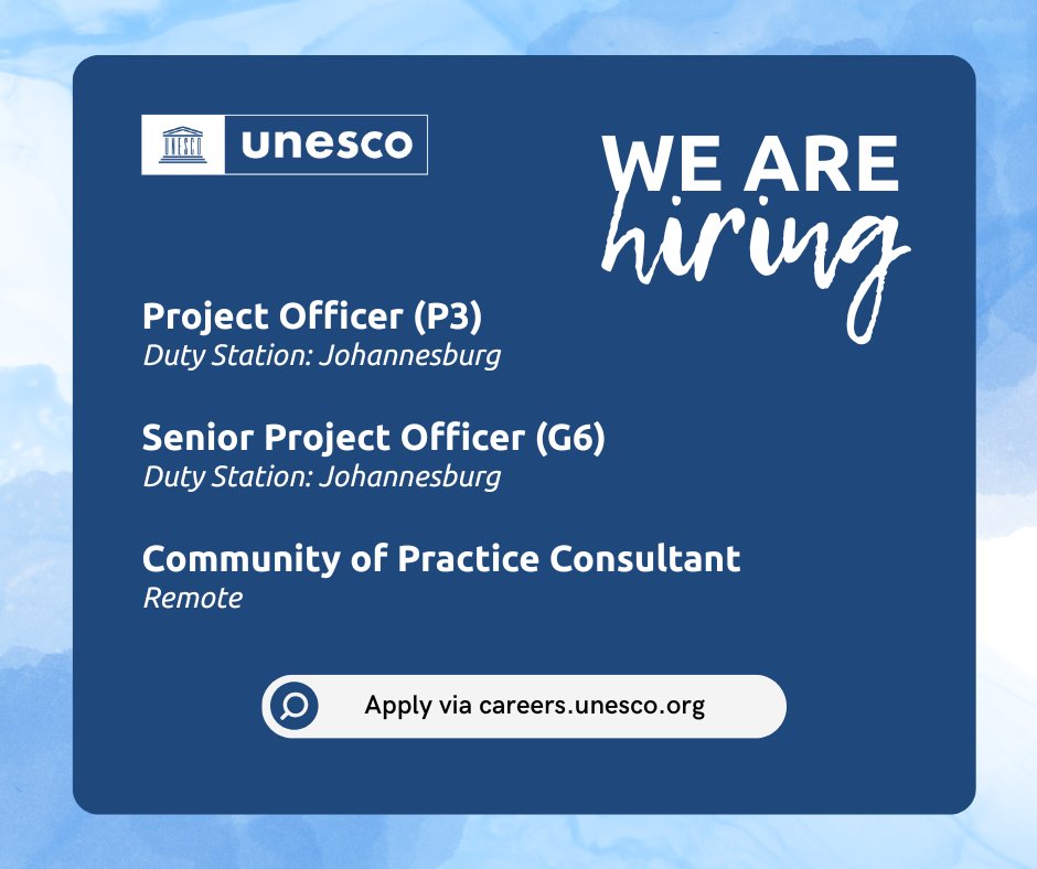 unescoROSA's tweet photo. We are currently recruiting for the following positions:
* Project Officer (P3)
🔗 https://t.co/59c3gVA8yc
* Senior Project Officer (G6)
🔗 https://t.co/VJoBsz1pIO
* CoP Consultant
🔗 https://t.co/vFc2IyAhyB
Join us in driving meaningful change across the region! https://t.co/dMZ5RIG01r