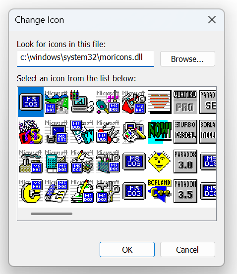 У Windows 11 (нават у плануемай да выхаду 26H1) дагэтуль захоўваюцца значкі з 90-ых (верагодна некаторыя з іх увогуле з канца 80-ых): WordPerfect, мой любімы Turbo Pascal, звычайны C, C++, першыя версіі праграм Microsoft Office, канешне ж DOS і гэтак далей:
