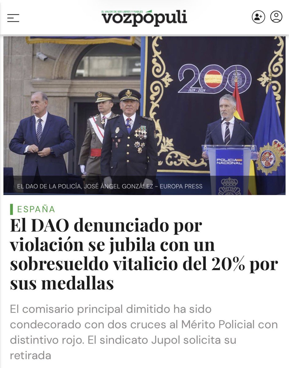 Marlaska sigue sin abrir expte. disciplinario al ex Dao deja correr el tiempo hasta la jubilación, para que se vaya con todas las prebendas. Deberían suspenderle de inmediato de empleo y sueldo. Como establece la ley. 
Marlaska No apoya a la víctima apoya al presunto violador.