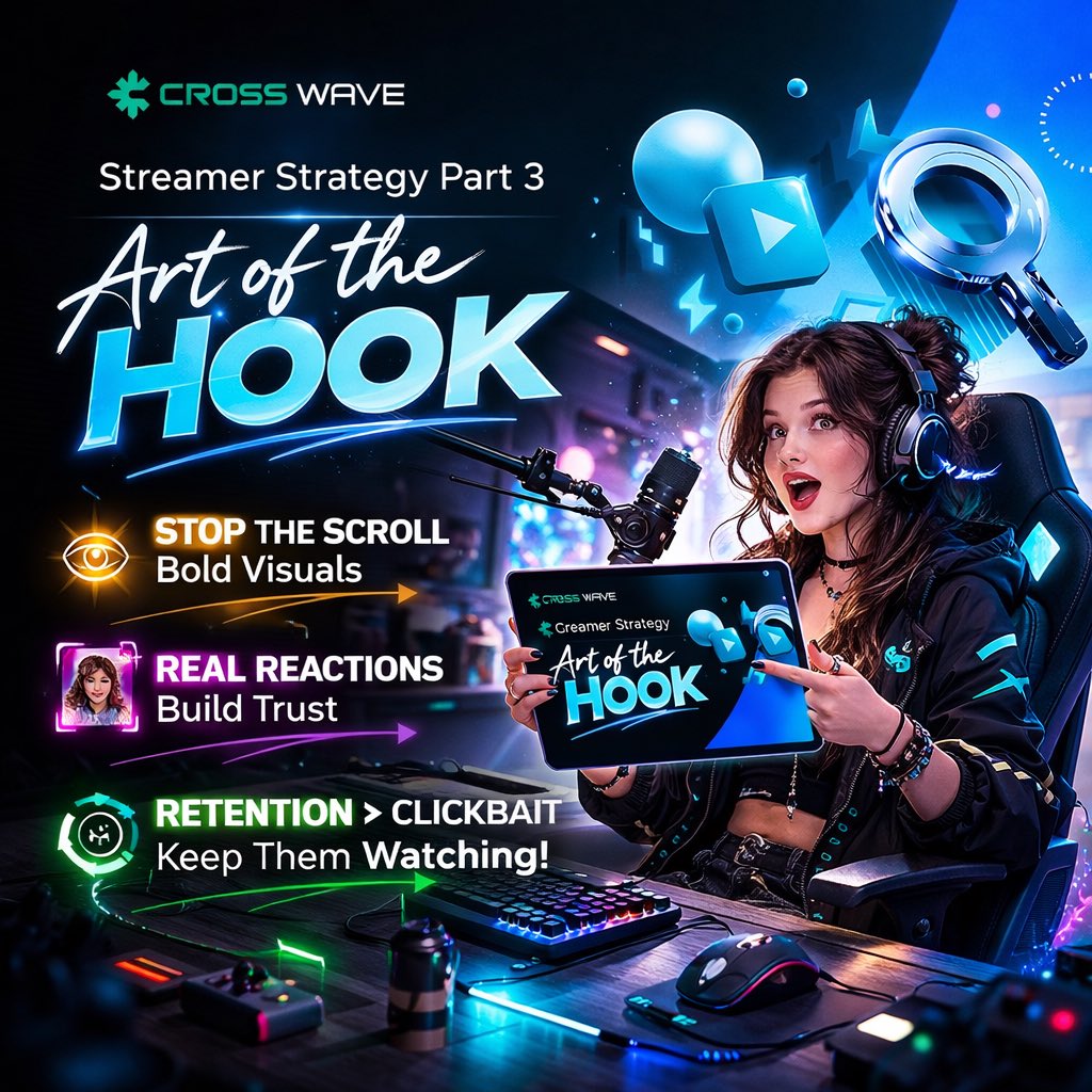 estyheart3's tweet image. God-tier gameplay, zero clicks? 📉🤔
It’s not your skill — it’s your hook.

High-contrast visuals stop the scroll.
Clean reaction shots build trust.
Retention &amp;gt; clickbait (the algo hates exits).

Win the scroll, win the game 👇
#CROSSWave #StreamerEconomy #StreamFi
