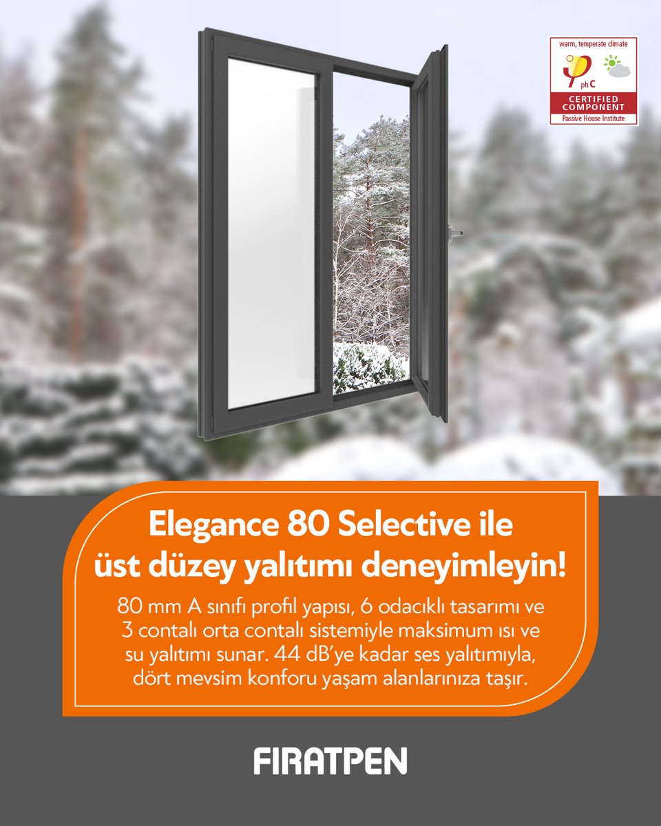 Elegance 80 Selective, 80 mm profil genişliği, 6 odacıklı yapısı ve 3 contalı orta contalı sistemiyle üst düzey ısı, ses ve su yalıtımı sunar.

Uw: 0,91 W/m²K değerine sahip pencere sistemiyle enerji tasarrufunu destekler, 44 dB’ye kadar ses yalıtımı ile yaşam alanlarında