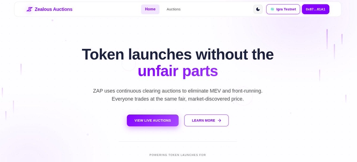 ZealousSwap's tweet photo. ZAP is now LIVE on @Igra_Labs ’s Galleon Testnet.

The future of fair token launches starts today.

Join the public test auction and experience the full flow before mainnet.

Auction starts today at 3:00 PM UTC (Block #2426705)
Duration: 6 hours
Claim opens 1 hour after close

Auction Details:
Token: TEST
Starting price: 0.1 USDC
Tokens up for auction: 1,000,000 TEST
Minimum funding goal: 100,000 USDC

Get ready now.
Claim test USDC + iKAS (gas):
https://t.co/zo85ZhhnR2

Participate here:
https://t.co/0ELKtYnRYf

Are you joining?