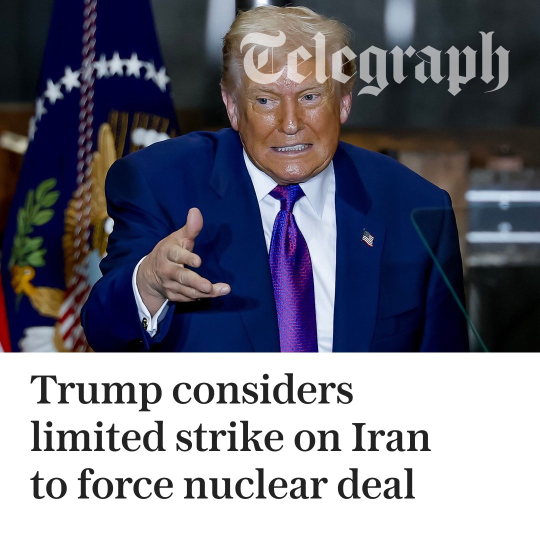 🚨 Donald Trump is considering an initial strike on Iran to force the country into making a deal regarding its nuclear enrichment programme.

Find out more ⬇️
telegraph.co.uk/world-news/202…