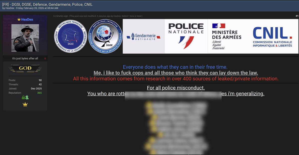 BastionMediaFR's tweet image. 🔴🇫🇷 𝗔𝗟𝗘𝗥𝗧𝗘 𝗜𝗡𝗙𝗢 — Un hacker revendique la diffusion d’une base de données massive et très SENSIBLE visant des agents de services et d’institutions françaises.

Sont touchés des agents de la DGSI, de la DGSE, de la Gendarmerie nationale, du ministère des Armées, du