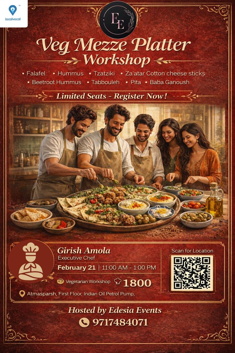 LocalVocalApp's tweet photo. ✨ Edesia Events 🎉
🥙 Veg Mezze Platter Workshop
👨‍🍳 Learn from Executive Chef Girish Amola
🗓️ February 21

🤝 Collaborate with LocalVocal to promote your own business on various social media platforms:
https://t.co/Wpva347iIa

#EdesiaEvents #LocalVocal #VegWorkshop #Trending https://t.co/WDj7DIBCLK