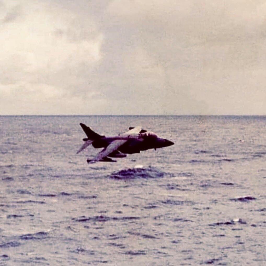 British Sea Harrier doing a low level approach, I believe around or during the Falklands War era.