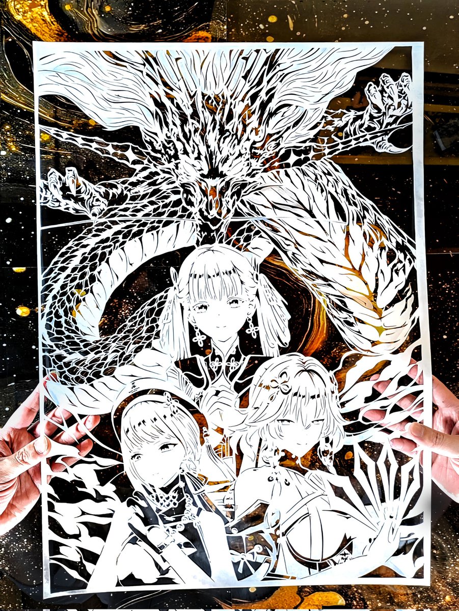 今州を願う』 今州をテーマとした切り絵です✂️ 1枚の紙を切っており