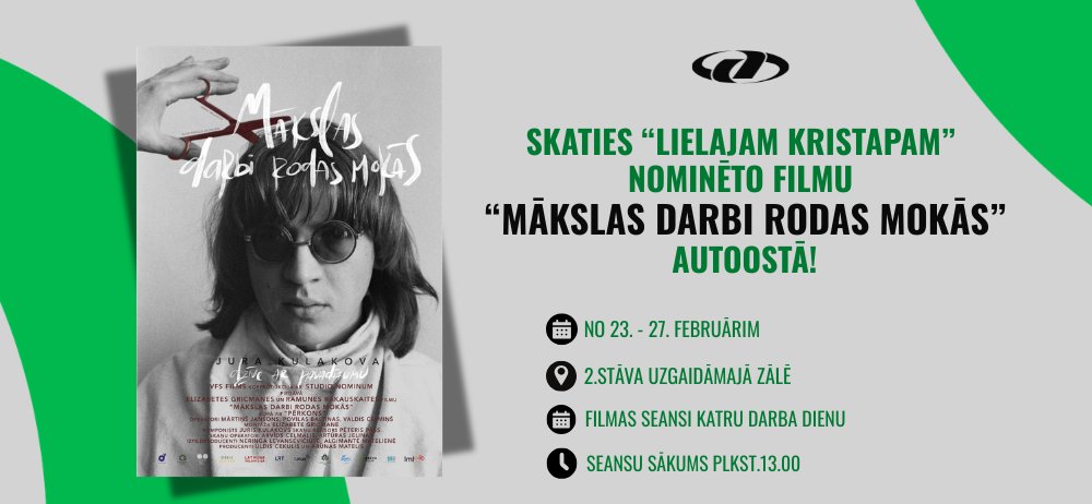 🎥Skaties “Lielajam Kristapam” nominēto filmu “Mākslas darbi rodas mokās” autoostā!
🎥Kino seansi notiks no 23.02. līdz 27.02., katru dienu plkst.13.00, autoostas 2. stāva uzgaidāmajā zālē . ✅Seansi bez maksas!

🤝Paldies <a href="/kinosavieniba/">Kinosavienība</a>!