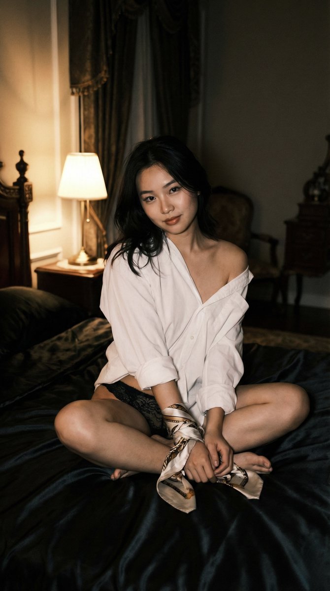 this scarf wasn’t part of the outfit… 🎀

{
  "meta": {
    "quality": "ultra photorealistic",
    "resolution": "8k",
    "camera": "iPhone 15 Pro Max",
    "lens": "24mm",
    "aspect_ratio": "9:16",
    "style": "raw iphone bedroom realism, soft warm lamp glow, intimate