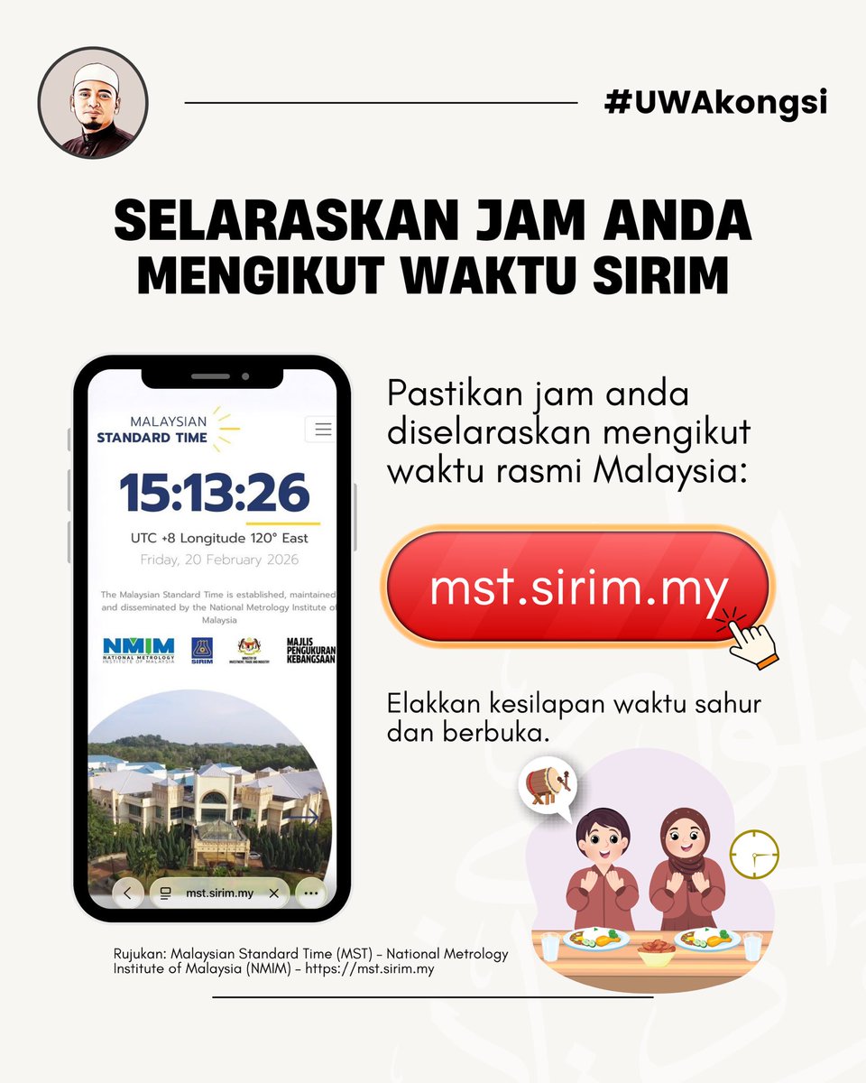 ustazwadiannuar's tweet photo. Semak jam anda mengikut waktu rasmi SIRIM.

Ketepatan masa amat penting bagi mengelakkan kesilapan ketika sahur dan berbuka puasa agar ibadah lebih terpelihara.

#ustazwadiannuar #uwakongsi https://t.co/UElM3yxOgj