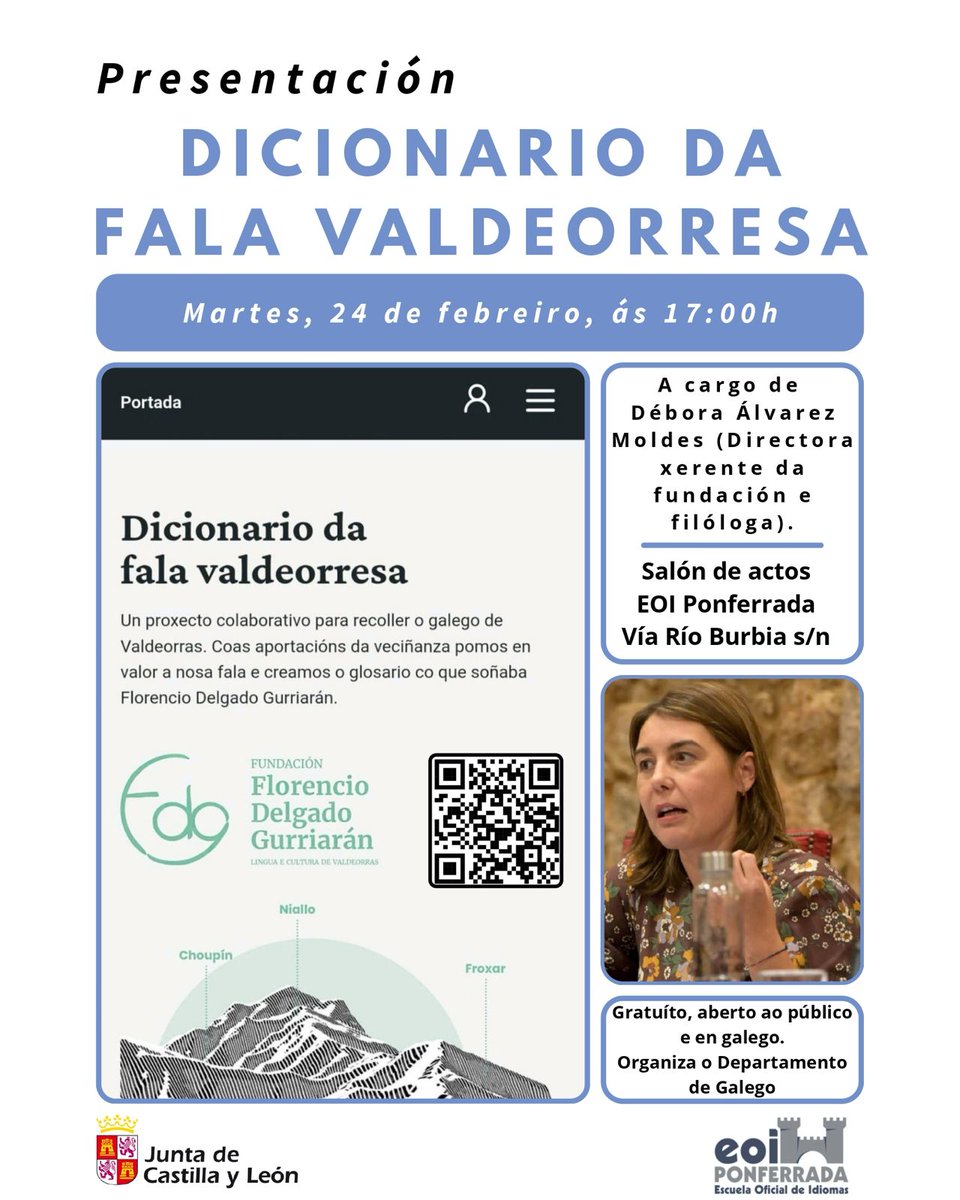 asletrasdeFDG's tweet photo. A xerente da Fundación FDG Débora Á. Moldes estará o martes 24/02 na @EoiPonferrada presentando o dicionario da fala valdeorresa. Grazas polo convite, veciños! 🫶

Portada do dicionario | Fundación Florencio Delgado Gurriarán https://t.co/vwimXF6nhe https://t.co/aPhOntNN0E