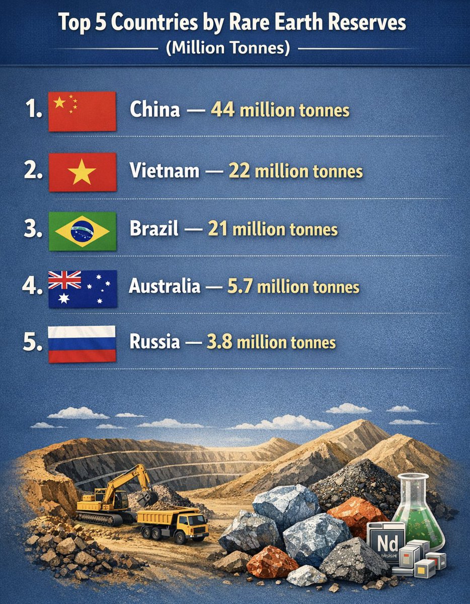 Top 5 countries with the largest rare earth reserves:

1.  China — 44 million tonnes
2.  Vietnam — 22 million tonnes
3.  Brazil — 21 million tonnes
4.  Australia — 5.7 million tonnes
5.  Russia — 3.8 million tonnes