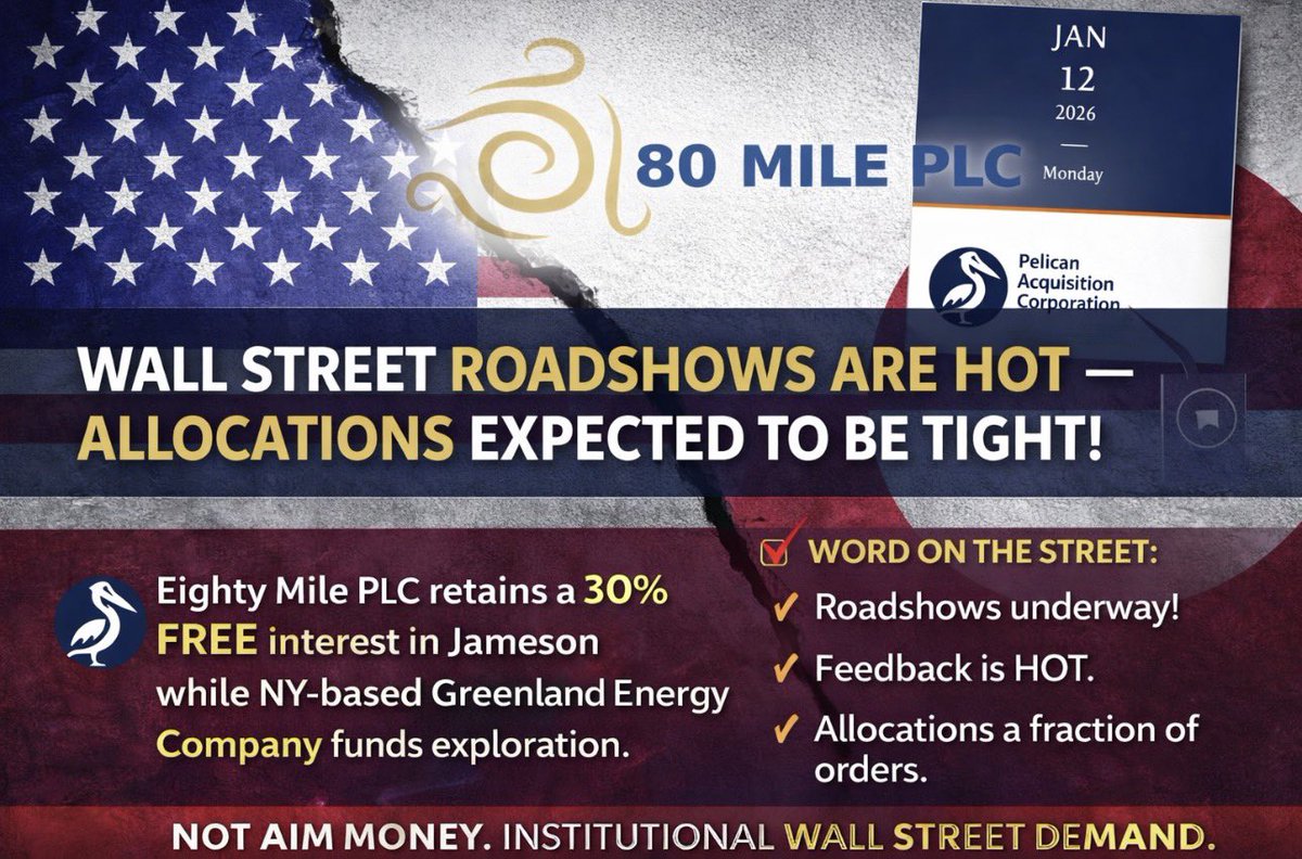 DavidBurton1971's tweet photo. WALL STREET MONEY IS CIRCLING GREENLAND — AND #80M HAS A FREE CARRY 🔥 

Let’s simplify this.

🇺🇸 https://t.co/2A97d7A9V4  (New York investment bank) involved
🌎 U.S. capital markets access
🛣️ Word on the street: Roadshows underway
🔥 Feedback? HOT.
📉 Allocations expected to be a fraction of orders

That tells you everything.

This isn’t sleepy AIM money.
This is U.S. institutional distribution.

And here’s the bit some are missing…

💡 The Benefit to @80milePLC ⁉️

Eighty Mile PLC retains a 30% interest in Jameson. #Greenland Energy funds the drilling. Wall Street funds Greenland Energy.

So if demand is already exceeding allocation:

• Capital access risk reduces
• Momentum builds into listing
• Institutional backing strengthens credibility
• 80M’s retained stake becomes strategically more valuable

Smart structure.

80M keeps exposure.
U.S. vehicle raises the money.
New York broker drives distribution.

If allocations are tight and roadshows are running hot…

…That’s usually not bearish!!

Sometimes the biggest moves start before most realise where the capital is flowing.

$PELI $GLND 

https://t.co/Vkrr8rwyqN