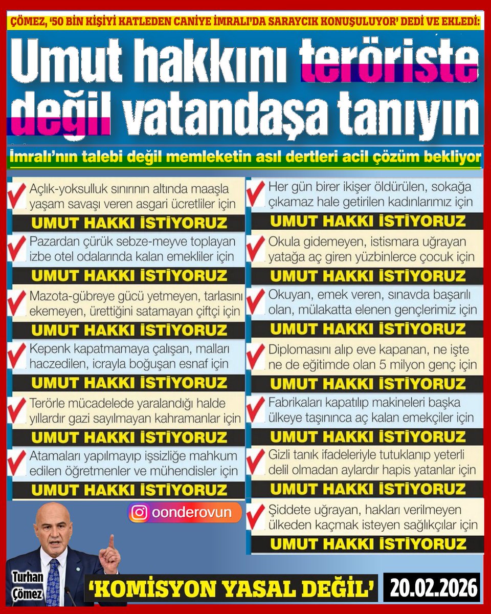 İYİ Partili Turhan Çömez ( <a href="/ComezTurhan/">Turhan Çömez</a>), “Parlamento’nun görevi teröristlere af getirmek, elebaşına özgürlük vadetmek değildir. Sorunlarını çözüp vatandaşlarına umut vermektir” dedi.
#UmutHakkı #VatandaşaUmutHakkı #TurhanÇömez
👇
instagram.com/p/DU-ezG9DYEl/