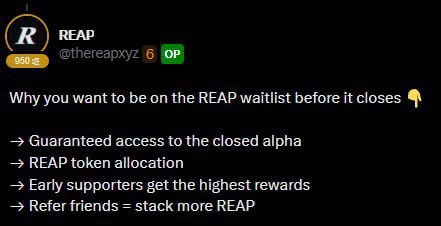 GG22387's tweet photo. New Waitlist: theReap 🔥
Join here: https://t.co/sHHfOhWYtu
✅️Submit Email
✅️Connect X
✅️Done
#thereap #reap #airdrop #web3 #Blockchain #crypto #waitlist https://t.co/bcOq0yM5lw