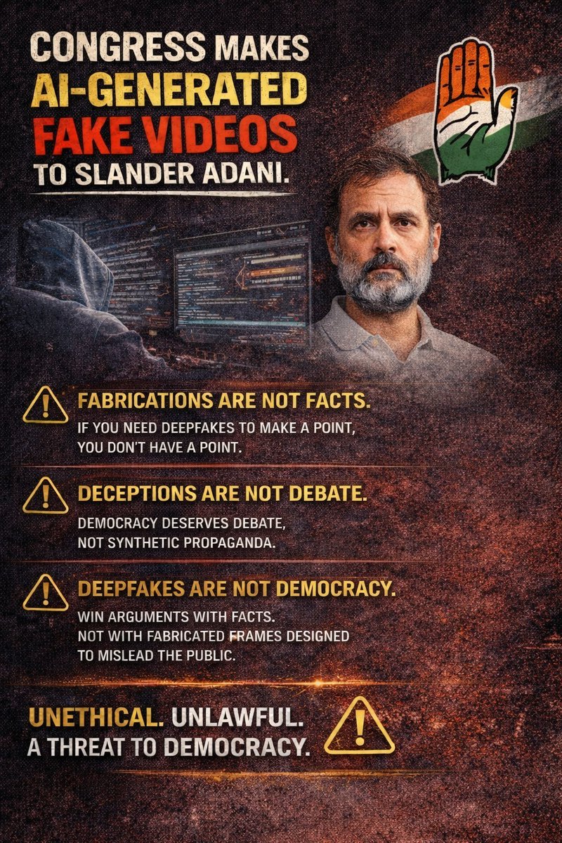 Today #Congress uses deepfakes against Adani

Tomorrow against:
Journalists who expose their corruption
Activists who oppose their policies
Citizens who question their leadership
Anyone inconvenient to their narrative

Deepfake technology + political willingness to deceive = NO