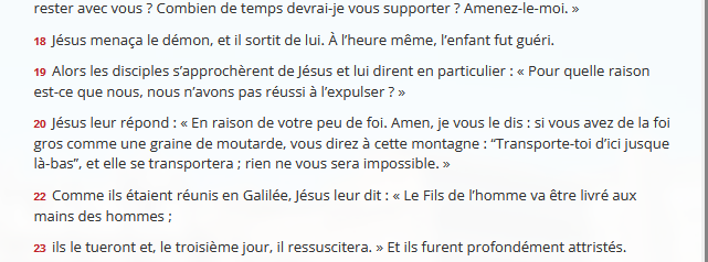 StanislasBerton's tweet photo. Grâce à un abonné, je découvre avec stupeur que le verset 21 de Matthieu 17 a été purement et simplement supprimé du texte des évangiles disponibles sur le site de l'association épiscopale pour les pays francophones!
@AELF_officiel 

Constatez-le vous-même:
https://t.co/maZS8EgP90

Plus fou encore, des chrétiens anglophones ont constaté exactement la même chose de leur côté: 

https://t.co/0cpVKMuu1G

Il y a donc clairement une action coordonnée pour effacer ce verset qui parle de l'efficacité du jeûne et de la prière pour chasser les démons. 

Merci de diffuser et de faire remonter l'information
@Eglisecatho @Pontifex_fr @lechochretien 

"Soyez sobres et veillez car votre adversaire le diable rôde autour de vous." 
1 Pierre 5:8