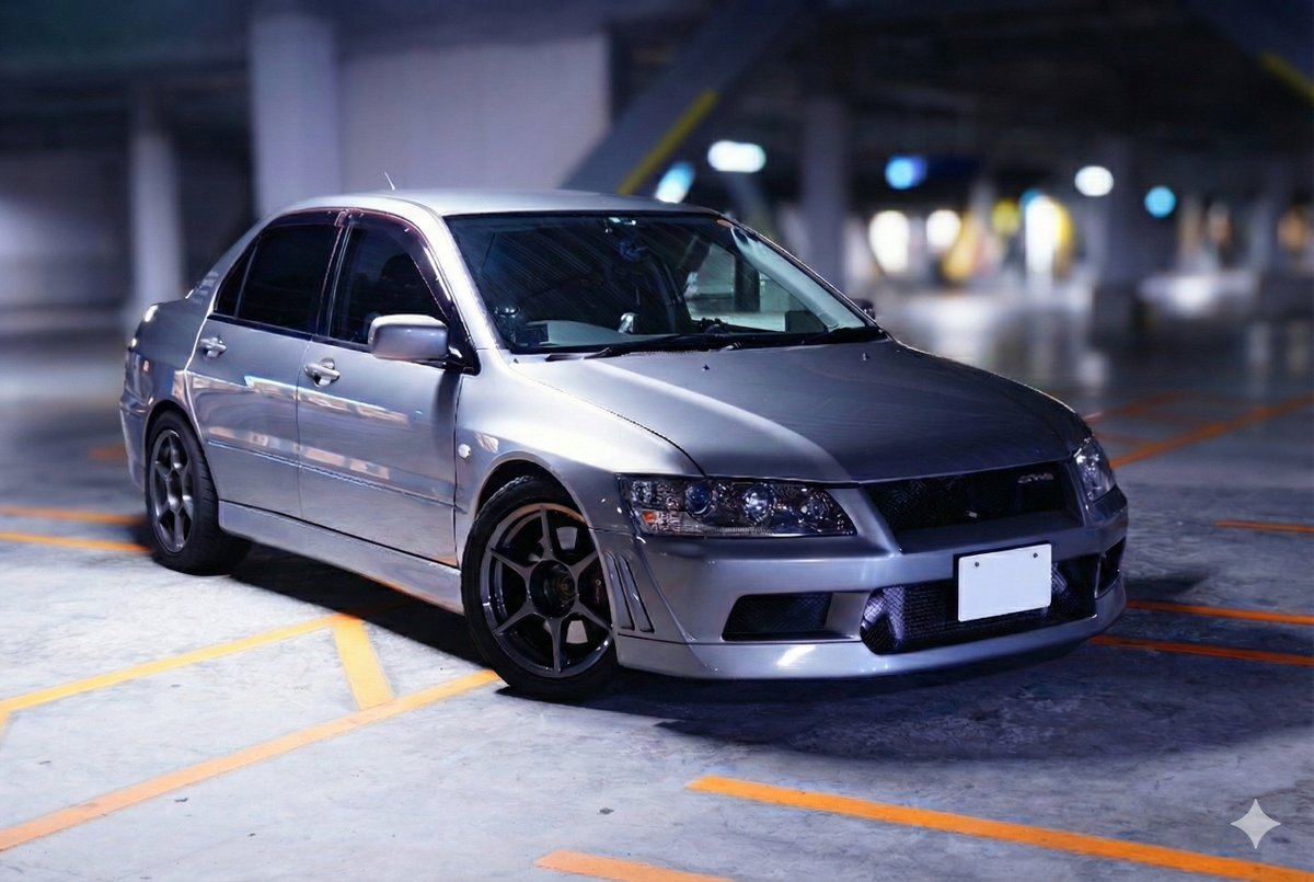 ちなみに前の車はオートマのエボ7をちょっと車高下げて羽根とっぱらった奴だった。見た目はこっちのほうが好き。（※背景はAIで処理しました）