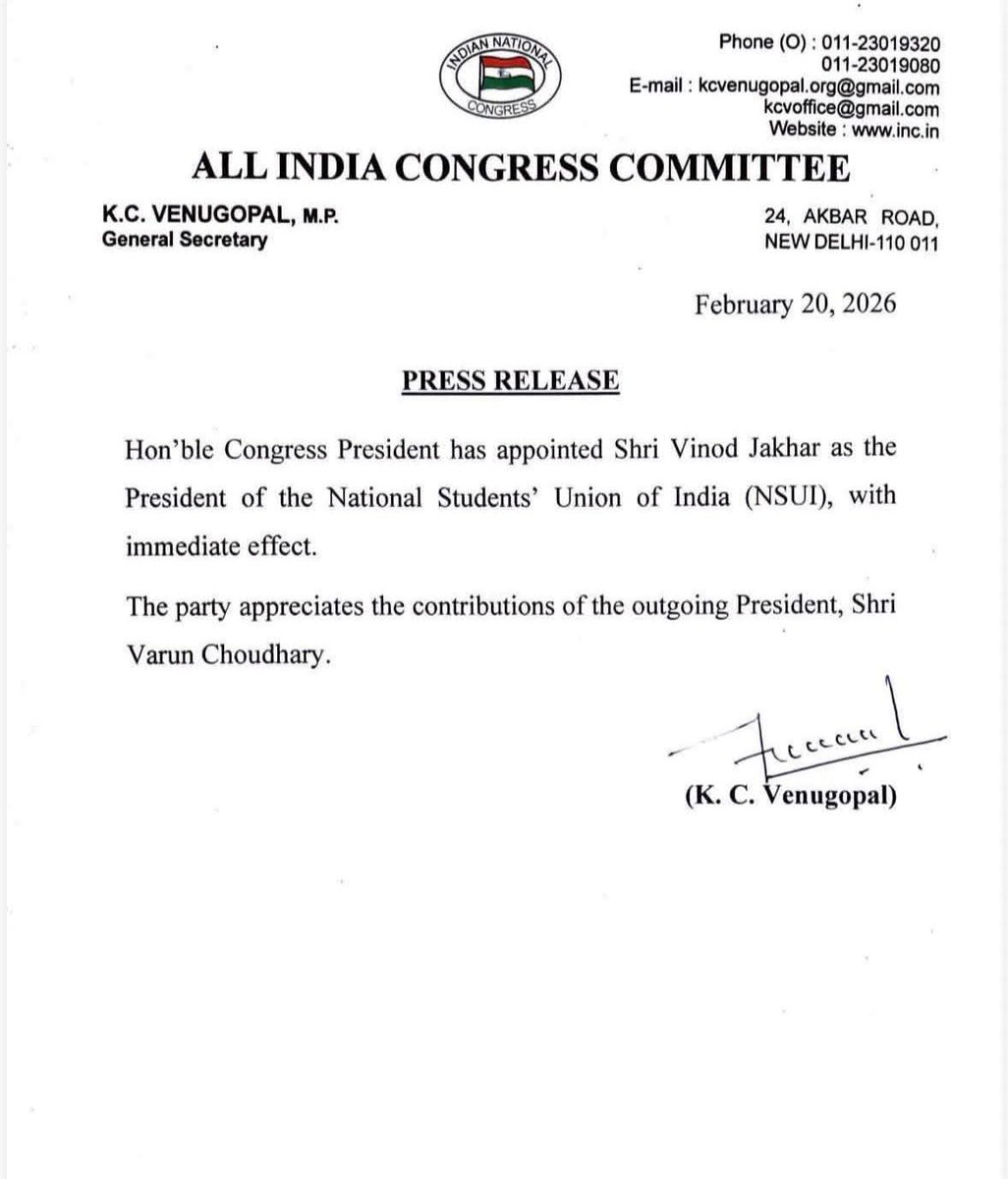 BMtatu's tweet photo. भारतीय राष्ट्रीय छात्र संगठन (NSUI) के राष्ट्रीय अध्यक्ष बनने पर श्री विनोद जाखड़ जी को हार्दिक बधाई एवं शुभकामनाएँ।

@VinodJakharIN 
 @nsui https://t.co/3FhJDtJCia