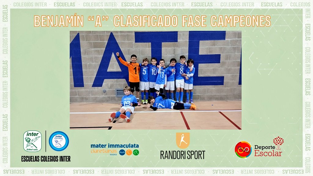 ⚽ ¡Hoy queremos felicitar al benjamín "A" de fútbol sala del cole! <a href="/CdeRandori/">CDE Randori</a> <a href="/RandoriSport/">Randori Sport</a>

Los chicos de 4° E. P. han conseguido clasificarse a la fase de campeones de <a href="/DeportesECM/">DeportesECM</a>

👏🏻 Nuestra más sincera enhorabuena a los alumnos, familias y a Jaime, su entrenador.