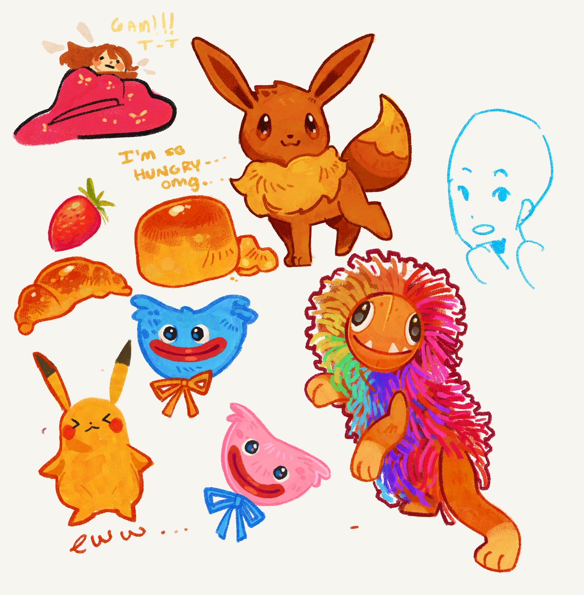 lambylucy's tweet image. 6am doodles. Pokémon and poppy playtime…. And food?? Weird…
