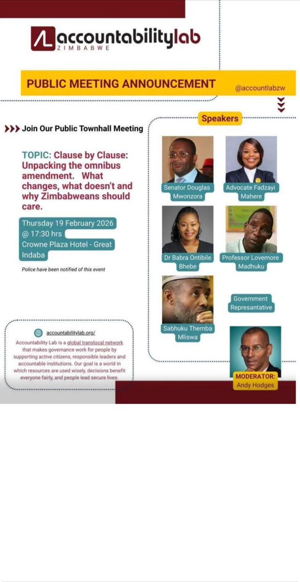 🚨 STATEMENT ON THE CANCELLATION OF THE PUBLIC TOWNHALL MEETING 🚨

The Constitution Defenders Forum (CDF) strongly condemns the cancellation of the public townhall meeting organised by Accountability Lab Zimbabwe, which was meant to provide citizens with a platform to unpack the