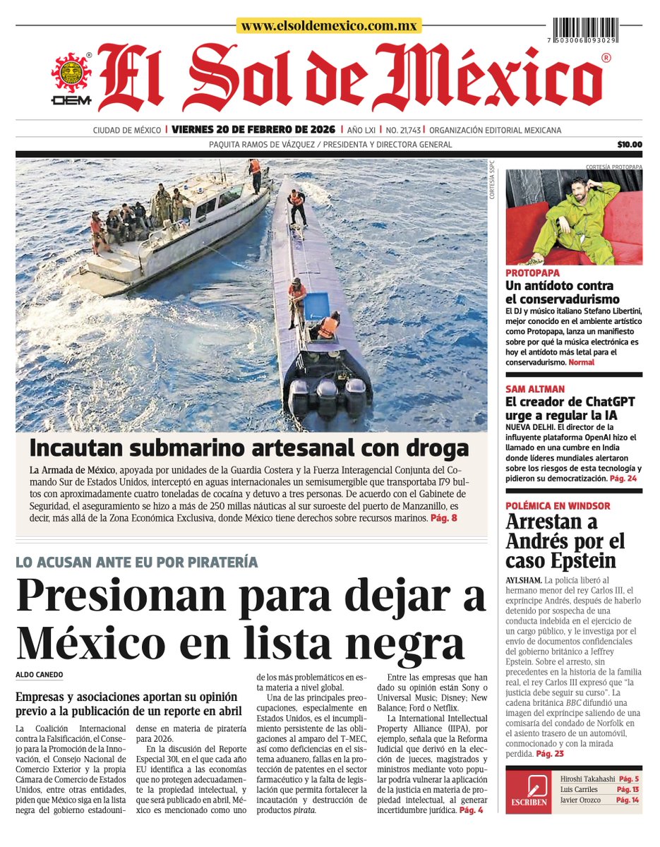 #BuenosDías / La portada de El Sol de México ☀️

🗞️Presionan para que México se mantenga en lista negra por piratería para 2026
solde.mx/4aJ1dVK

🗞️Congestión vial y transporte público rebasado, principales eventos de riesgo rumbo al Mundial
solde.mx/40qj5Qp