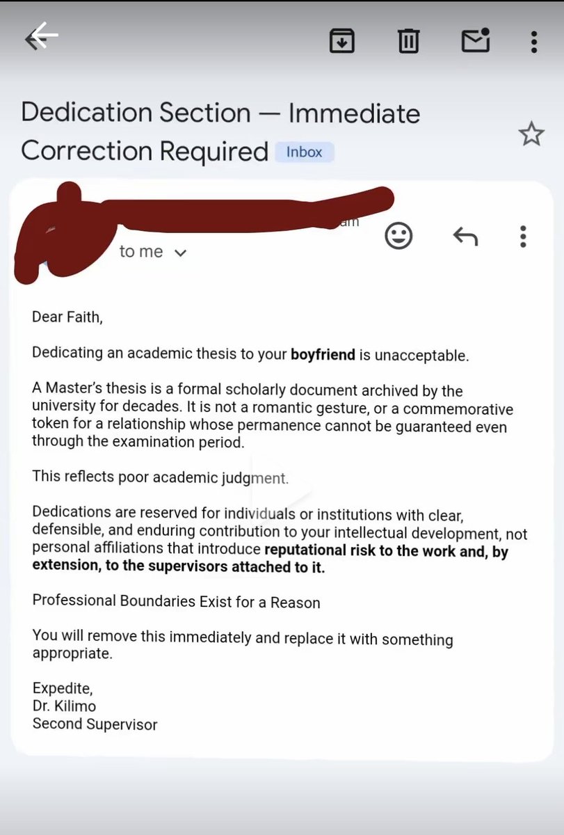 m1ndfulm3l0dy's tweet image. Faith dedicated her thesis to her boyfriend. Supervisors aren't having it 😂