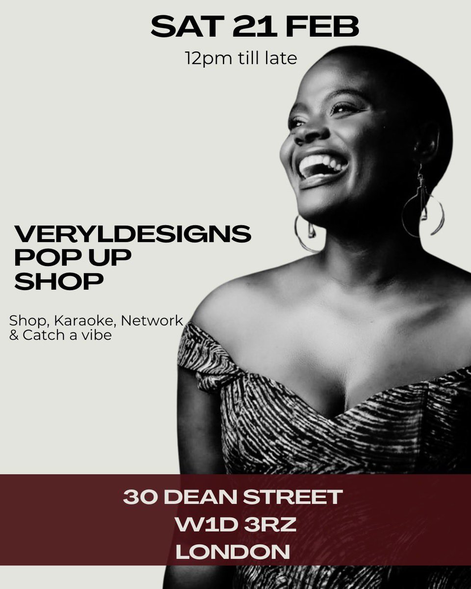 Shop bold African prints this Saturday!

<a href="/veryldesigns/">Veryldesigns</a> is hosting a pop-up at 30 Dean Street, Soho. Shopping, karaoke, networking, and good vibes from 12pm till late. Come through and have a good time✨

📍 30 Dean Street, W1D 3RZ, London

See you there!