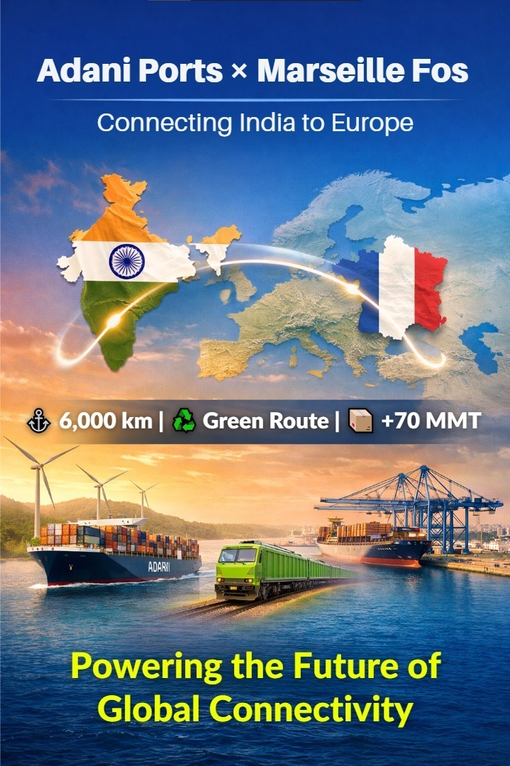 #AdaniPorts Connects India to Europe Through 6,000 KM IMEC Green Route

A 6,000 km trade corridor linking India to Europe is taking shape.

With Marseille Fos adding +70 MMT capacity, Adani Ports is strengthening the western gateway of IMEC and building a greener, more resilient