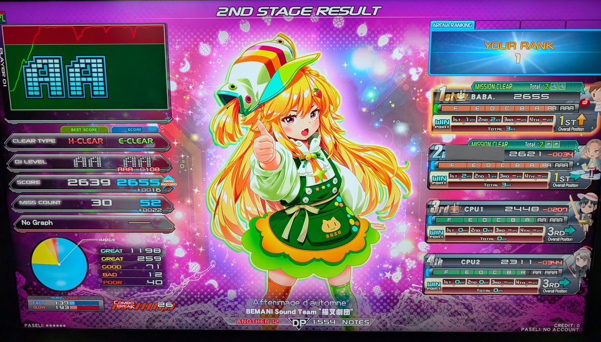 QCC944's tweet photo. 今作初DPアリーナ挑戦はA4スタート🫡ボロ負けやったけど自選取れたけ良きとする🥹後は新規12イージー1曲良き🤓 https://t.co/FiUpwKp5Pq